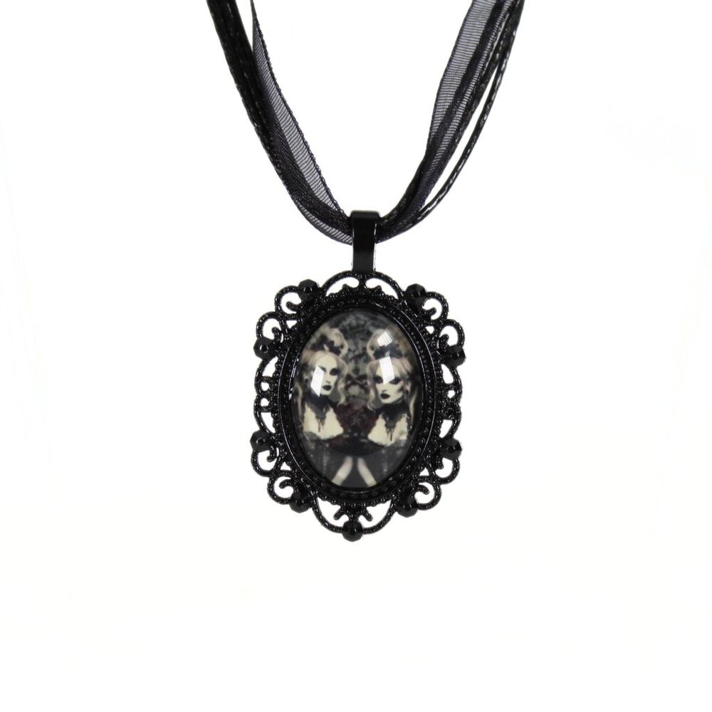🔨 Black Metal Cameo The Wicked Twins Gemini Gothic Victorian Necklace
